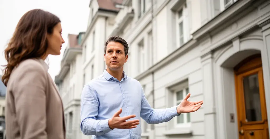 Agent immobilier présentant un bien à des visiteurs devant un immeuble suisse typique