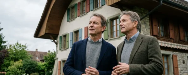 Couple quinquagénaire discutant devant leur maison en Suisse romande, réflexion sur la vente immobilière