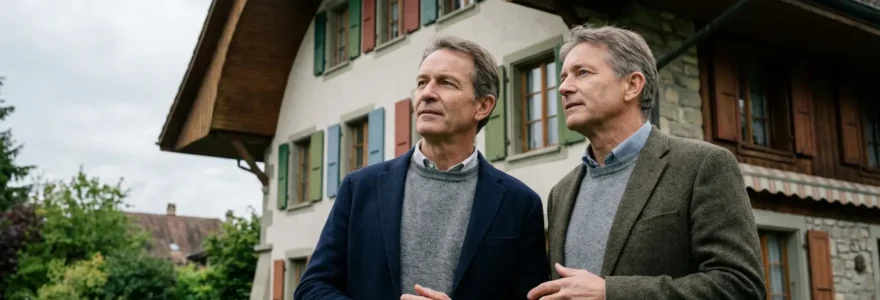 Couple quinquagénaire discutant devant leur maison en Suisse romande, réflexion sur la vente immobilière