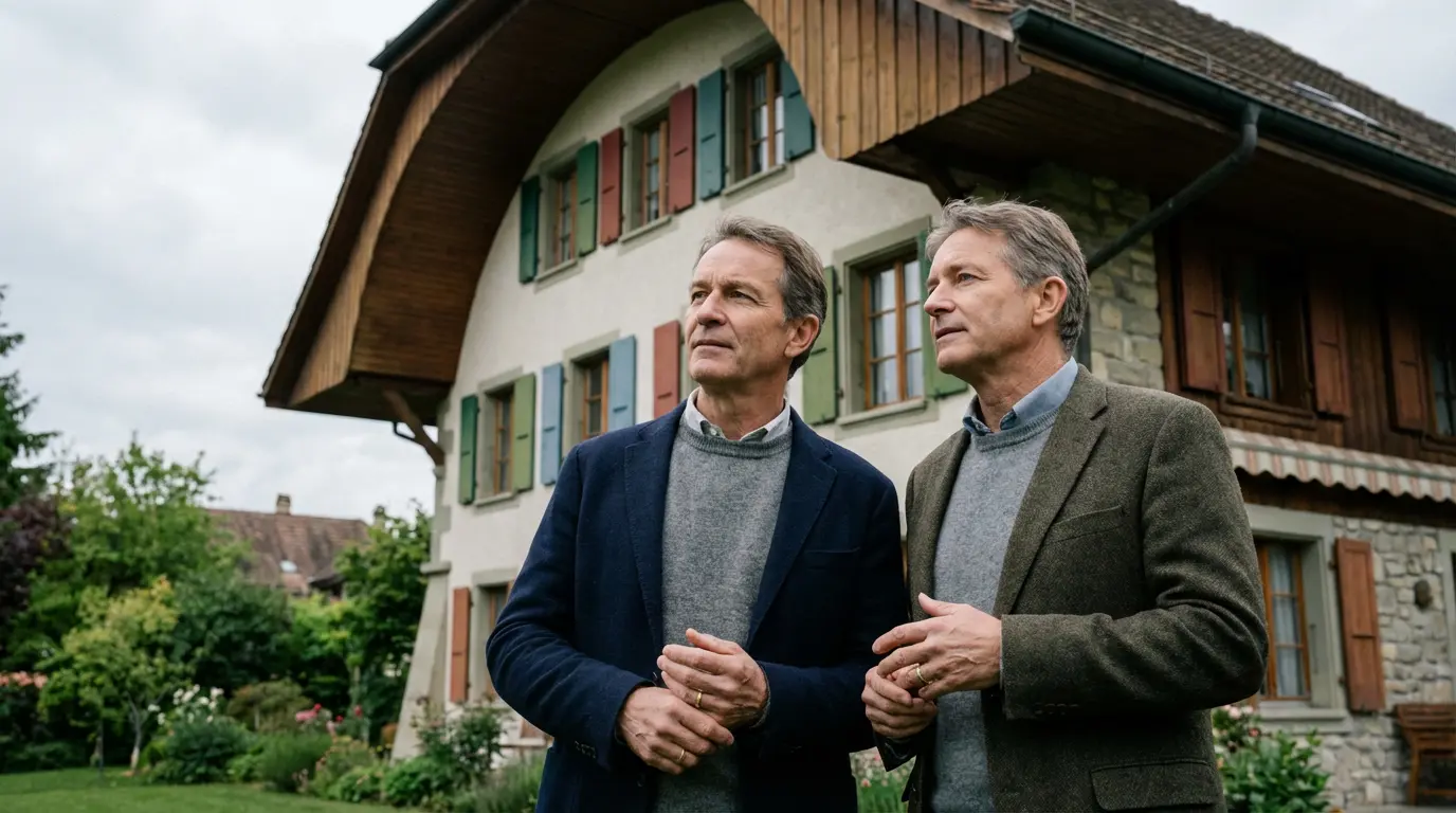 Couple quinquagénaire discutant devant leur maison en Suisse romande, réflexion sur la vente immobilière