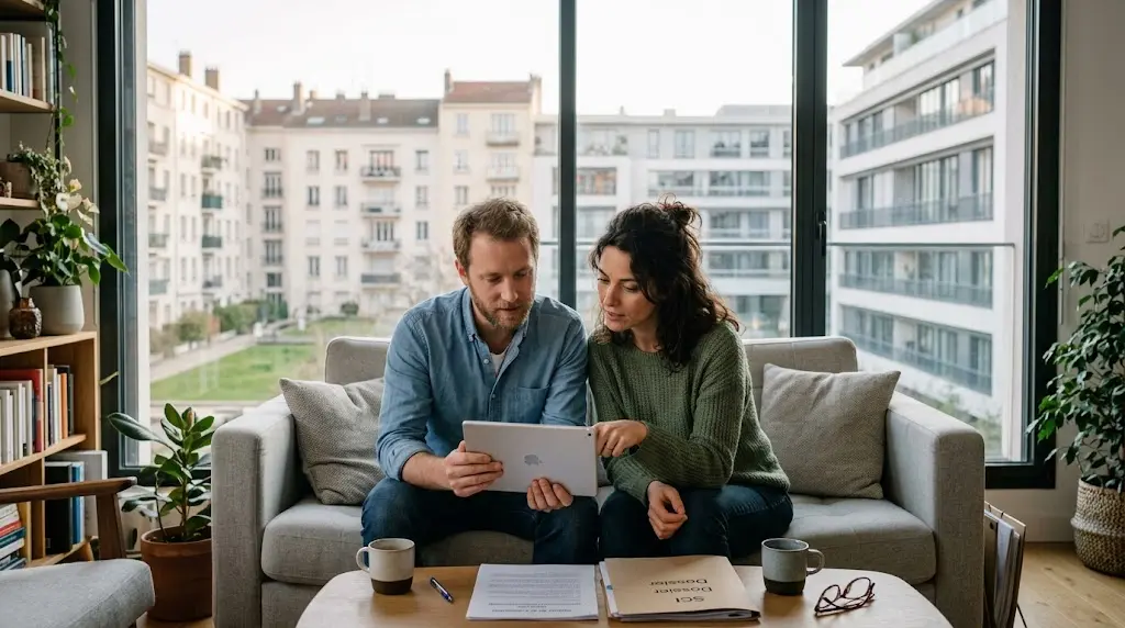 Un couple d'investisseurs examine ensemble les statuts de leur SCI sur une tablette dans un salon avec vue sur des immeubles résidentiels.