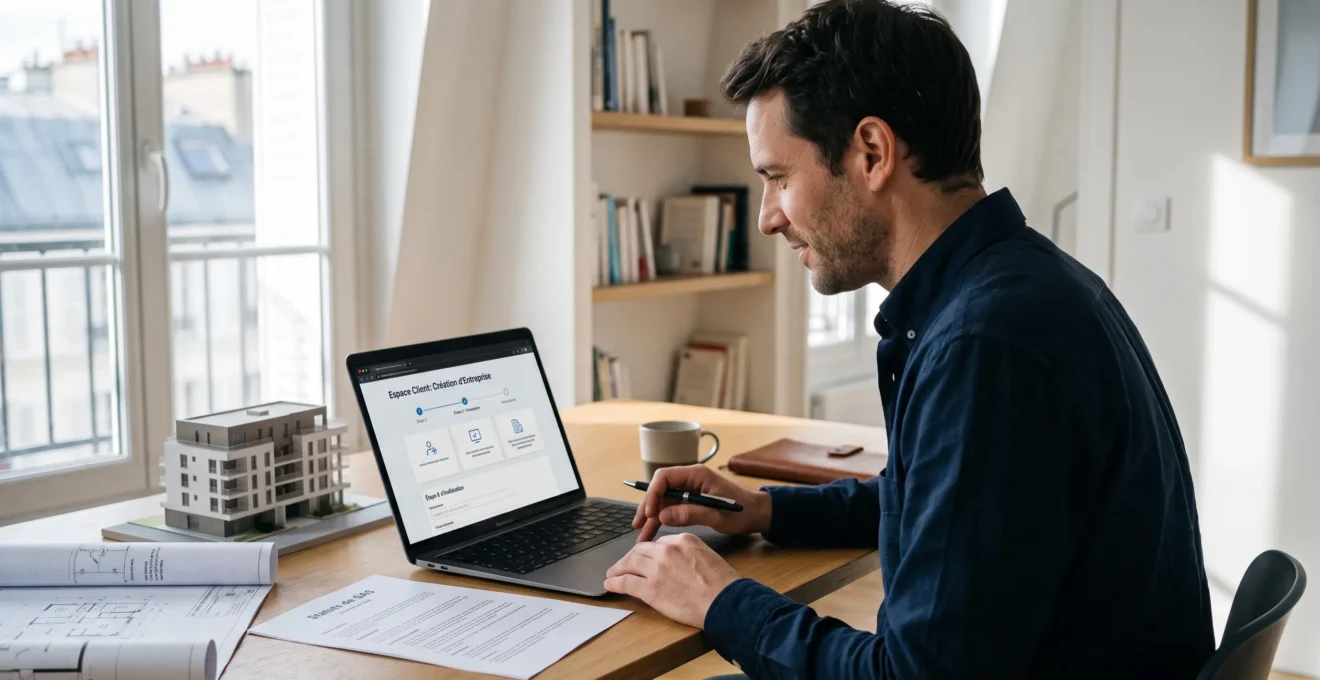Un investisseur assis à son bureau complète la création en ligne de sa société civile immobilière sur un ordinateur portable, entouré de documents de statuts et d'une maquette d'immeuble.