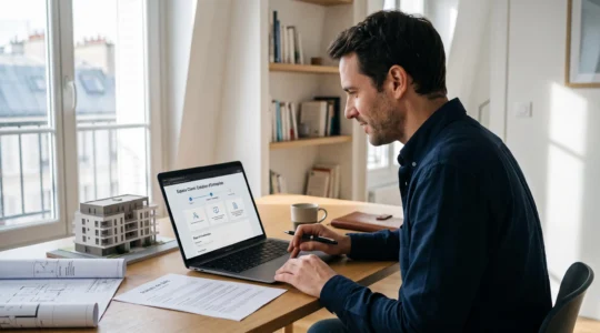 Un investisseur assis à son bureau complète la création en ligne de sa société civile immobilière sur un ordinateur portable, entouré de documents de statuts et d'une maquette d'immeuble.