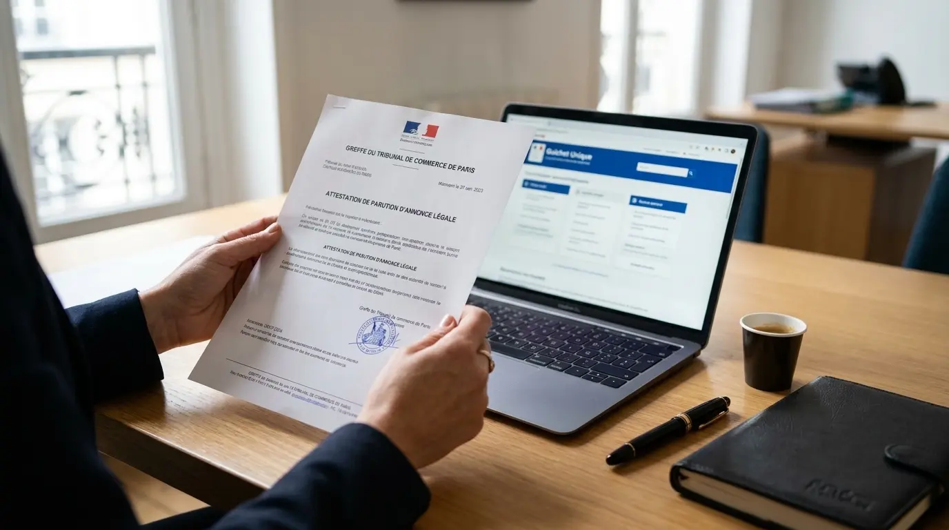 Gros plan sur les mains d'un professionnel manipulant un certificat de publication d'annonce légale près d'un ordinateur portable affichant un portail de dépôt en ligne.